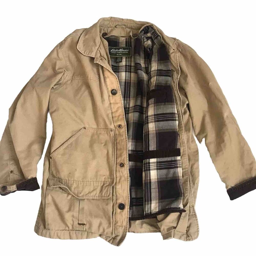 Eddie Bauer Jacket Mens L Chore Barn Field Coat Plaid Lined Corduroy Collar Cuff